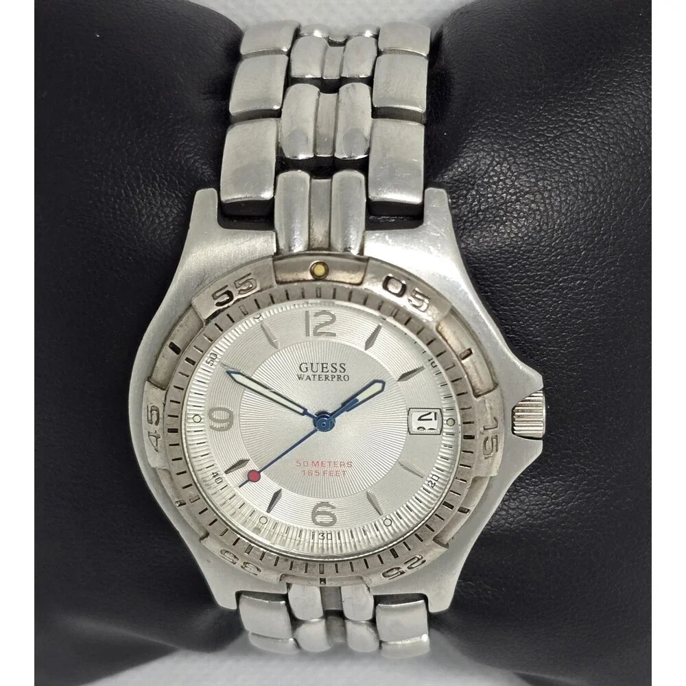 Men's Guess Waterpro Rotating Bezel Date Silver Tone Case Bracelet Watch 13